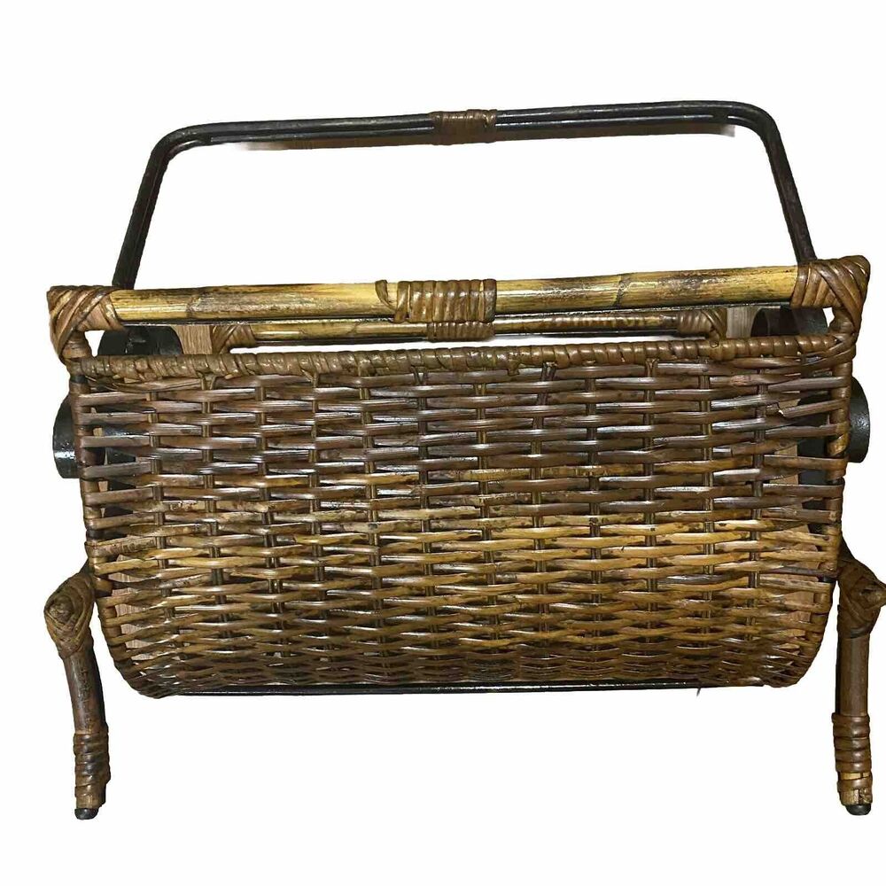 Wicker Rattan Bamboo Cane Wrought Iron Vintage Towel Magazine Rack MCM Bohemian